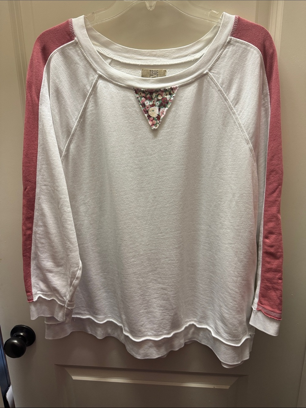 True Craft White Pullover with Dusty Rose Raglan Sleeves